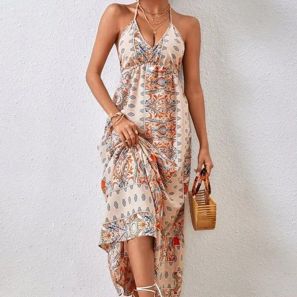 Tan Boho Womens Women's Printed Backless Vacation Dress - Picture 4 of 6